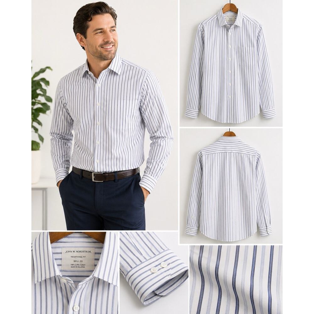 John W Nordstrom Dress Shirt Mens 16.5 33 Blue Stripe Button Down Cotton